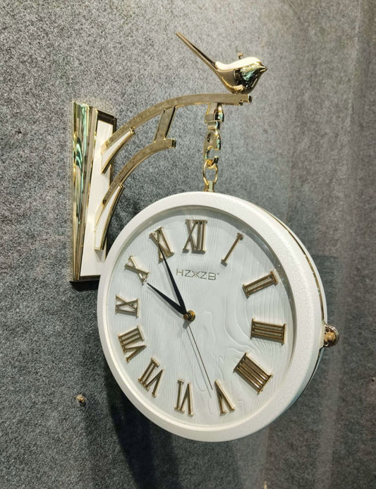 Dual Dial Metal Hanging Wall Clock [ Gold & White]