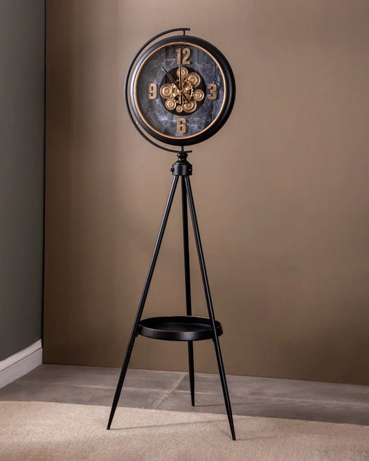 Black Metal Tripod Gear Standing Wall Clock With Shelf For Home Decor