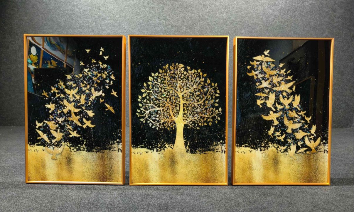 Modern Crystal Painting Set with Golden Frame - 3 Pieces, 16x24 inches