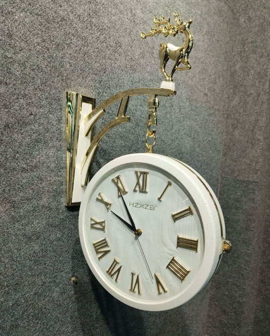 Dual Dial Metal Hanging Wall Clock [ Gold & White]