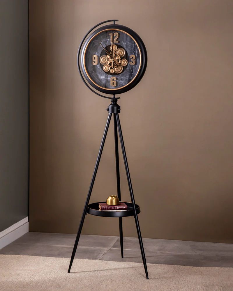 Black Metal Tripod Gear Standing Wall Clock With Shelf For Home Decor