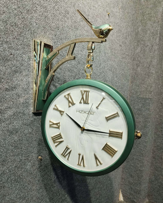 Dual Dial Metal Hanging Wall Clock [ Green & White]