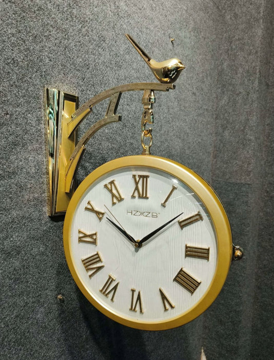 Dual Dial Metal Hanging Wall Clock [ Gold & White]