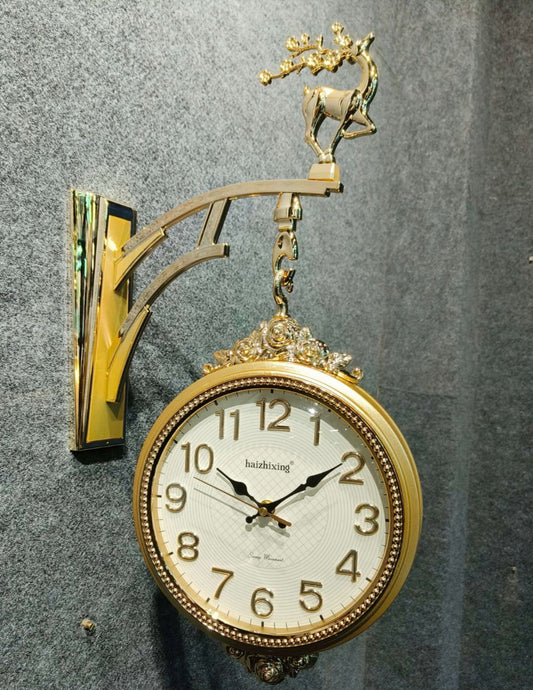 Dual Dial Metal Hanging Wall Clock [ Gold & White]