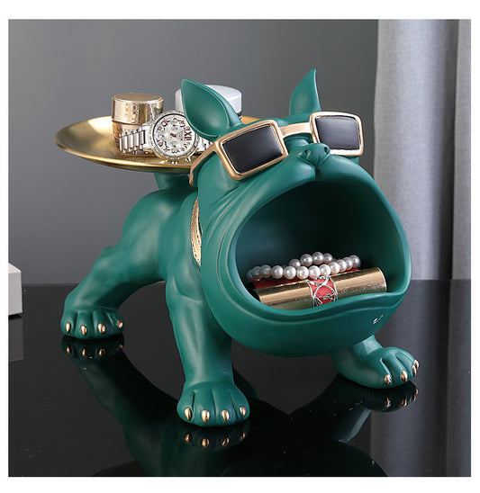 Green Bull Dog Table Showpiece With Metal Tray