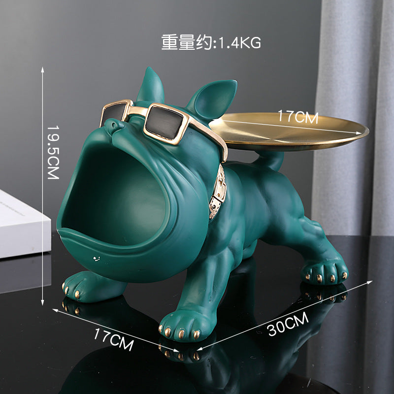 Green Bull Dog Table Showpiece With Metal Tray