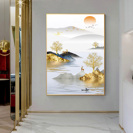 Modern Crystal Glass  Painting with Metal Framing and LED Light - 24x48 Inch