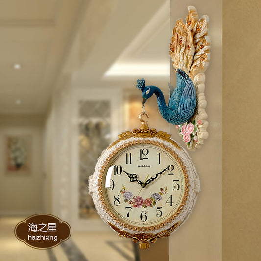 Peacock Dual Dial Metal Hanging Wall Clock