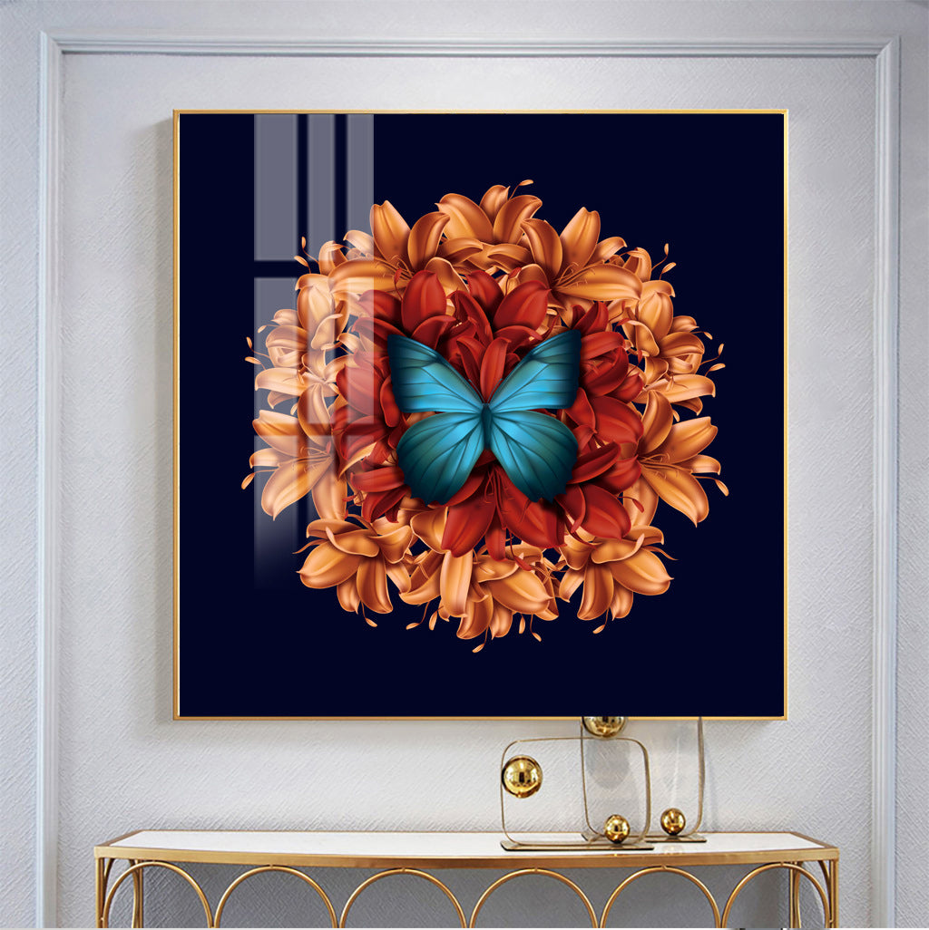 Modern Crystal Glass Painting with Metal Frame | 32 x32 Inches | Golden Color Frame | Crystal and Glass Work