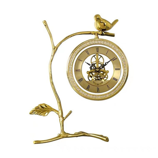 PVD Gold Metal Table Clock With Bird