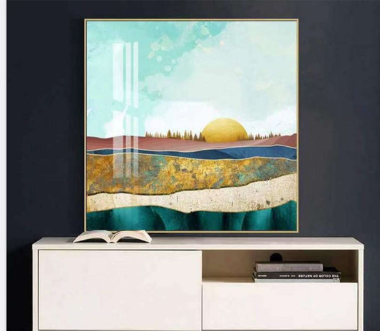 Modern Crystal Glass Painting with Metal Frame | 32 x32 Inches | Golden Color Frame | Crystal and Glass Work