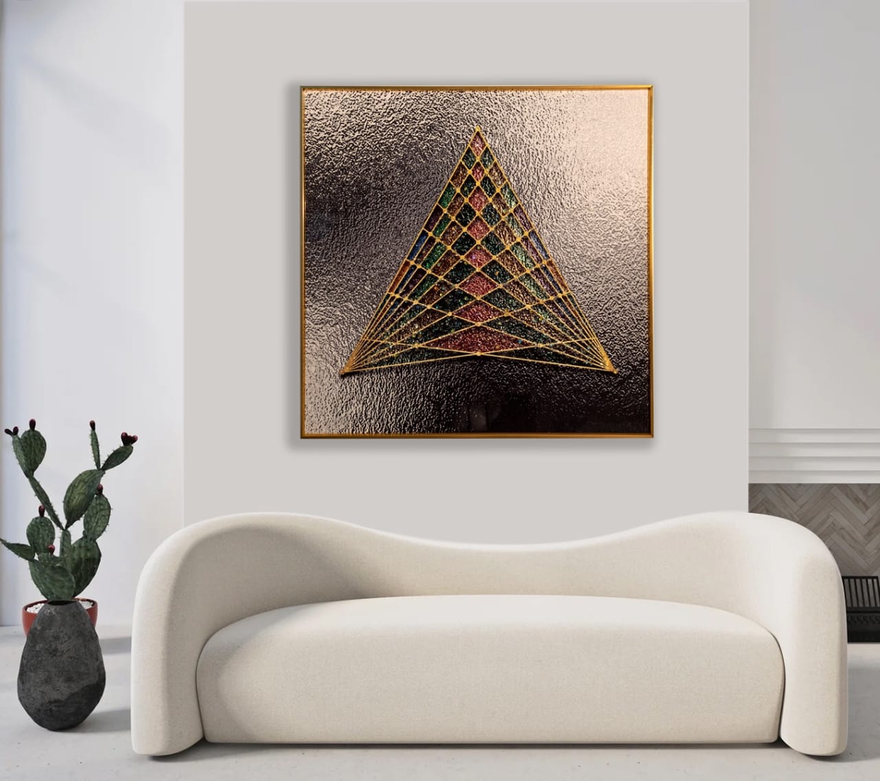 Modern Crystal Glass Painting with Metal Frame | 24x24 Inches | Golden Color Frame | Crystal and Glass Work