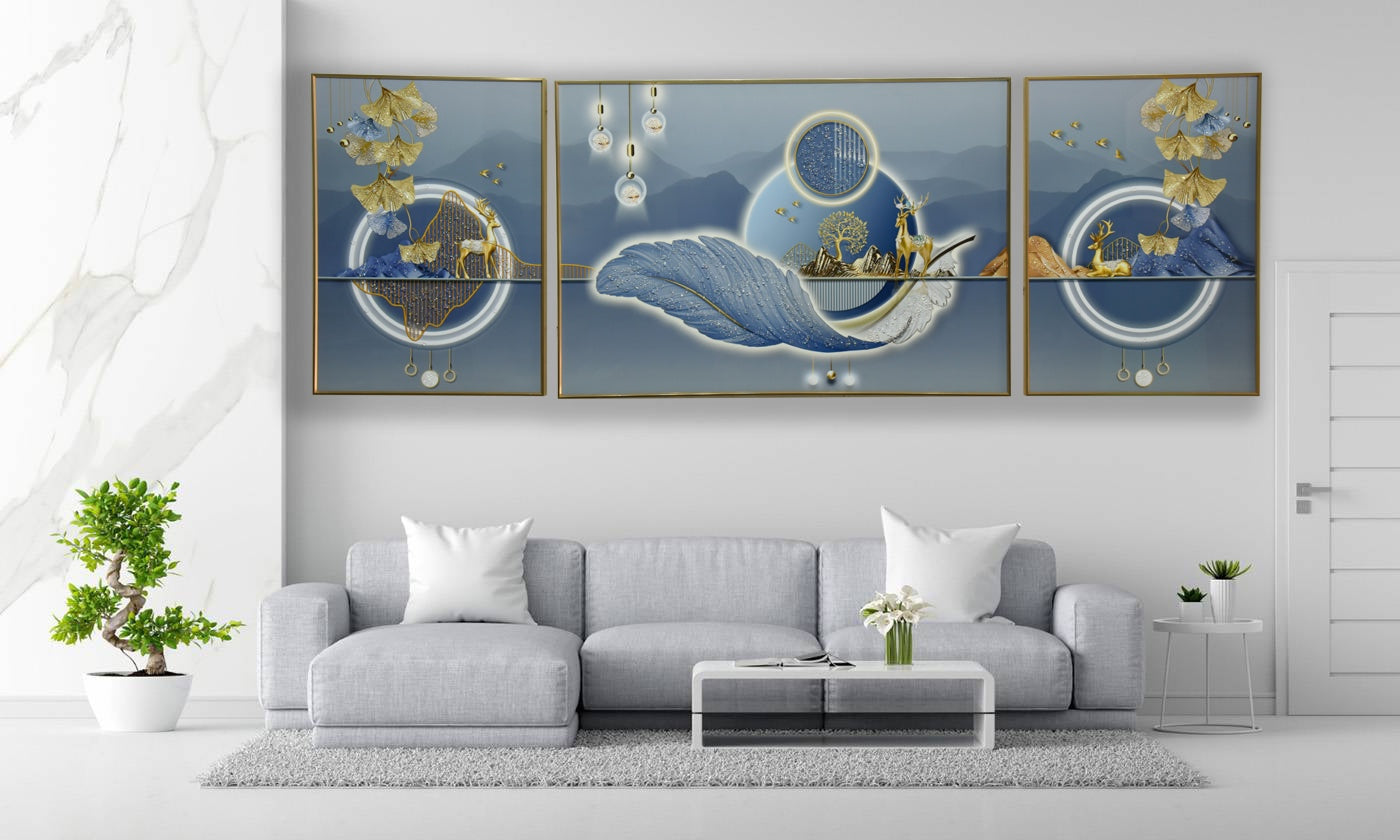 Modern Crystal Glass Painting Pack of 3 [ 80 x 28 Inches ] - Golden Frame
