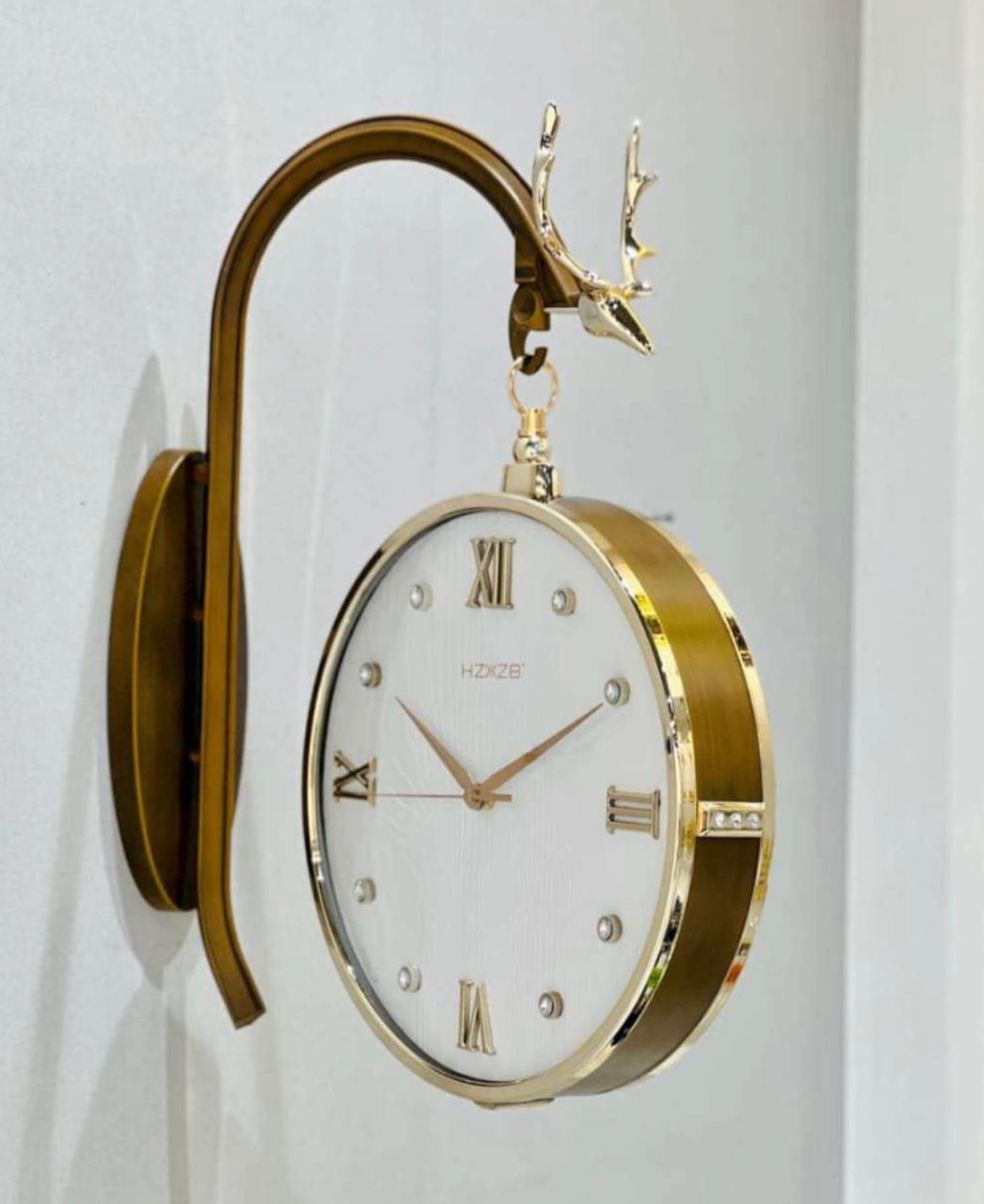 Dual Dial Metal Hanging Wall Clock [ Brown & White]