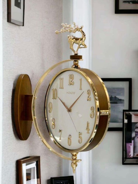 Dual Dial Metal Hanging Wall Clock [ Brown & White]