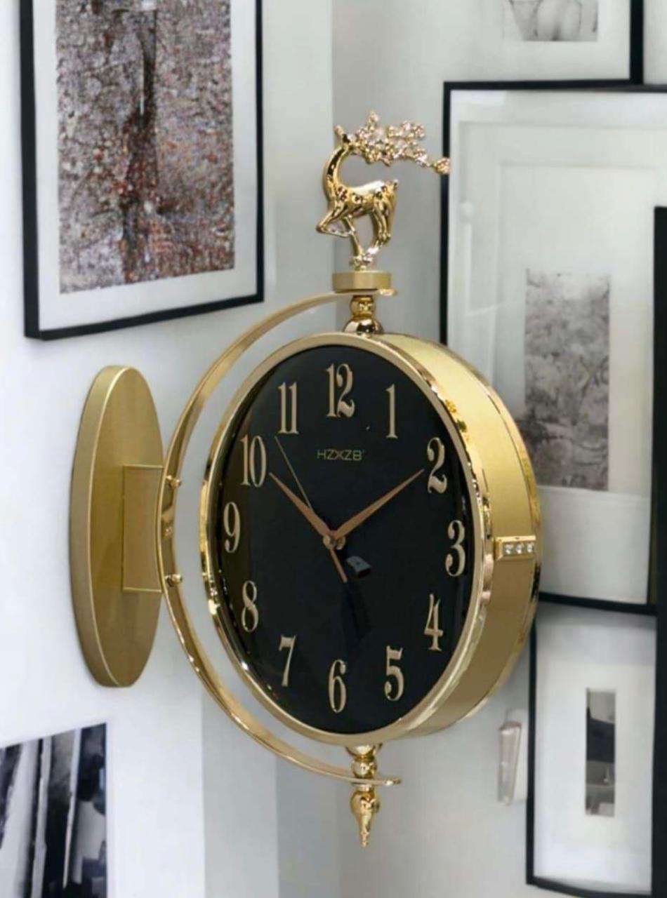 Dual Dial Metal Hanging Wall Clock [ Gold & Black]