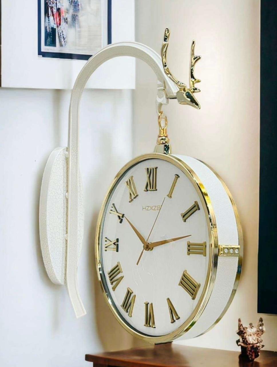 Dual Dial Metal Hanging Wall Clock [ Gold & White]