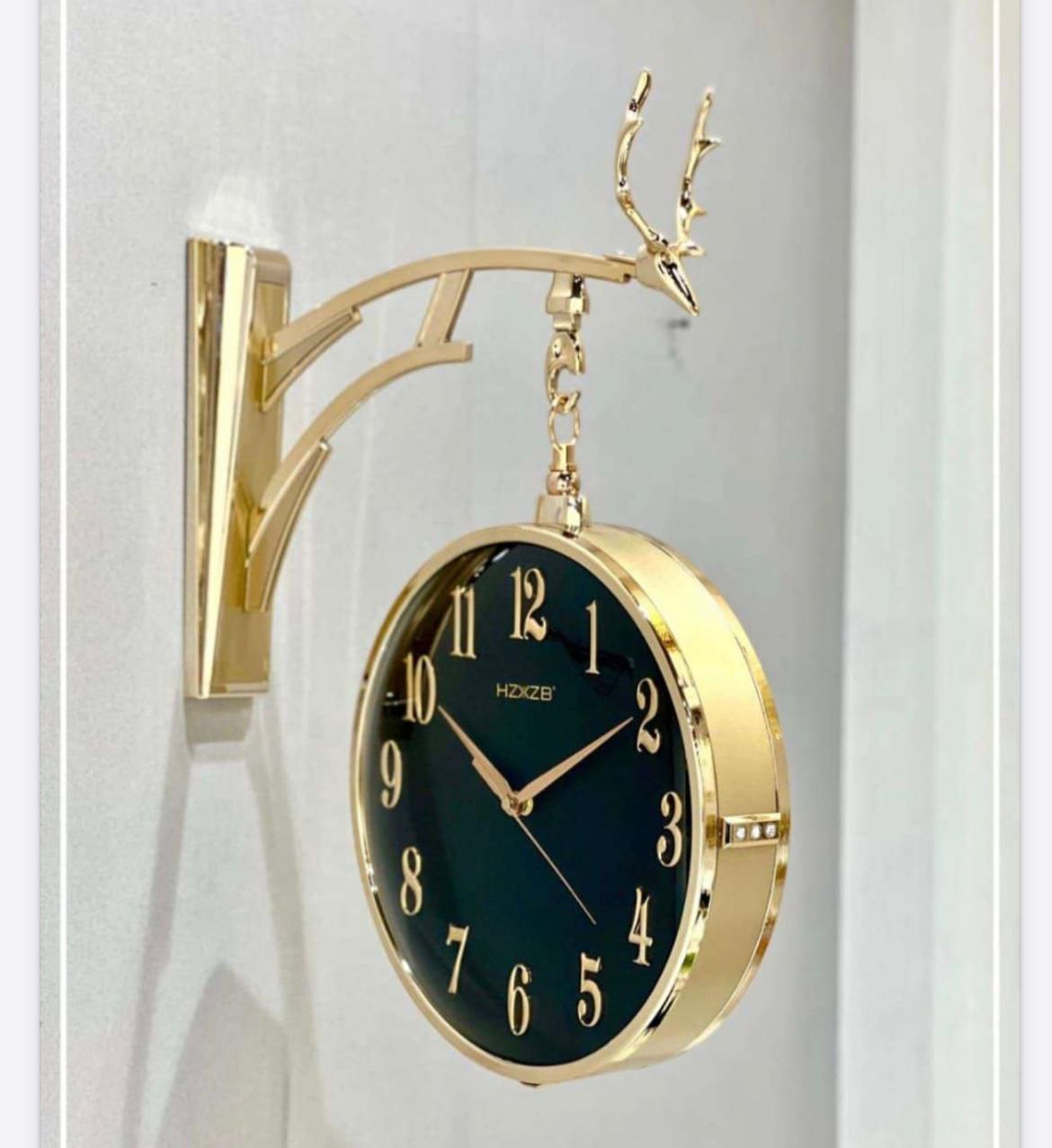 Dual Dial Metal Hanging Wall Clock [ Gold & Black ]