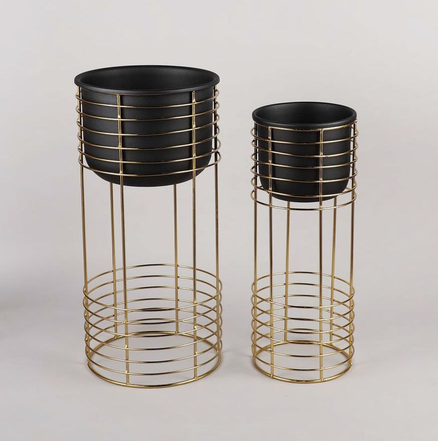 Black Metal Planter With Gold Stand  Set of 2