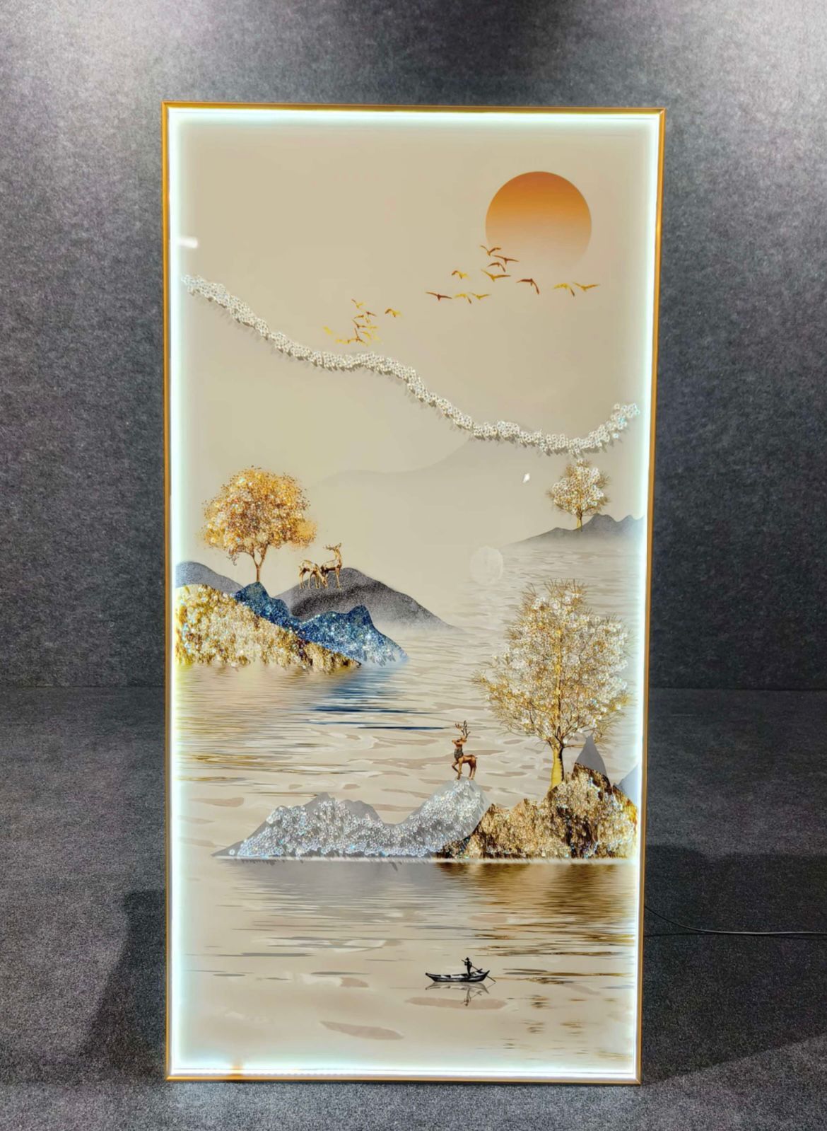 Modern Crystal Glass  Painting with Metal Framing and LED Light - 24x48 Inch