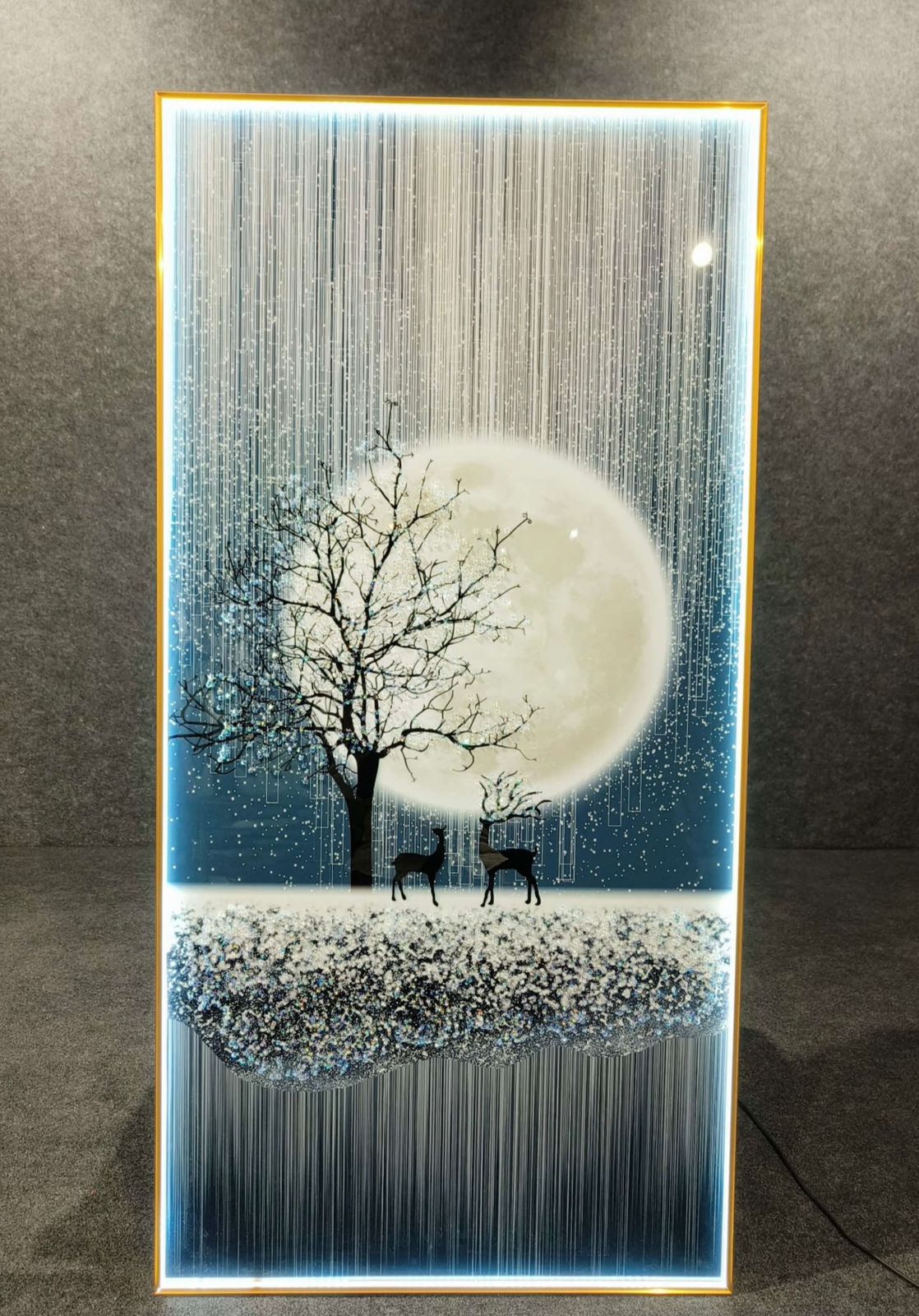 Modern Crystal Glass  Painting with Metal Framing and LED Light - 24x48 Inch