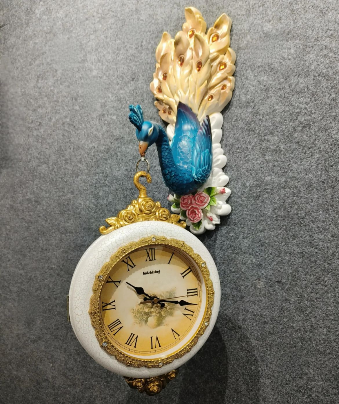 Peacock Dual Dial Metal Hanging Wall Clock