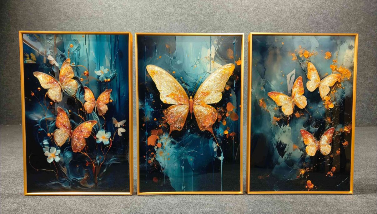 Modern Crystal Painting Set with Golden Frame - 3 Pieces, 16x24 inches