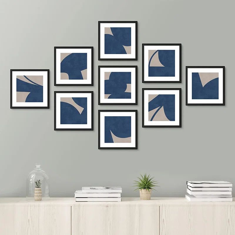 Blue Gray Mid-Century Polygons Abstract Shapes Illustrations Modern Art Minimal Boho Relax/Calm " 9 - Pieces