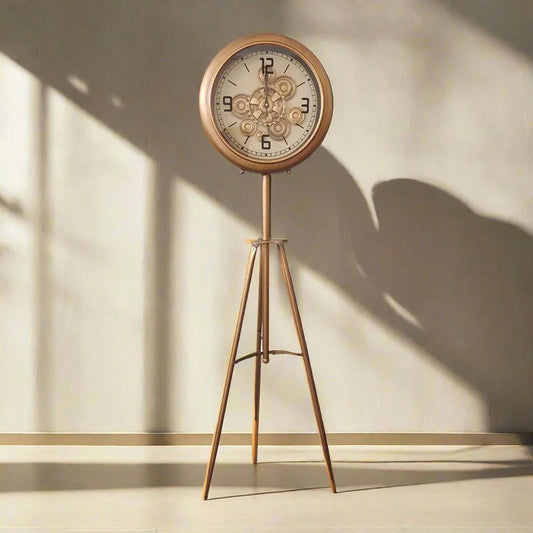 Gold Metal Tripod Gear Standing Wall Clock For Home Decor