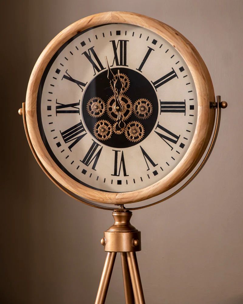 Wooden Tripod Gear Standing Wall Clock For Home Decor