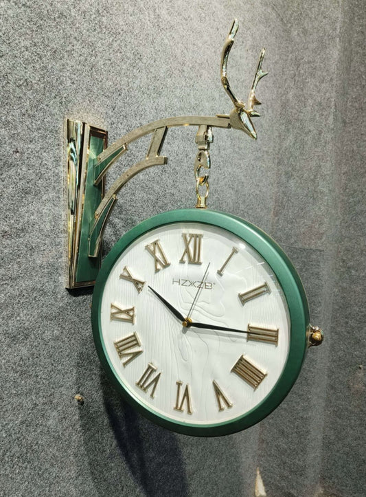 Dual Dial Metal Hanging Wall Clock [ Green & White]