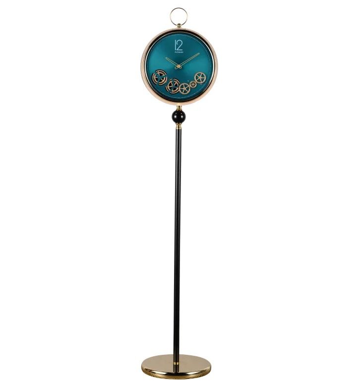 Teal Green Metal Tripod Gear Standing Wall Clock For Home Decor